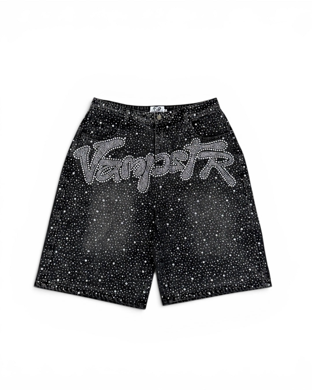 BLACK CRYSTAL DENIM SHORTS